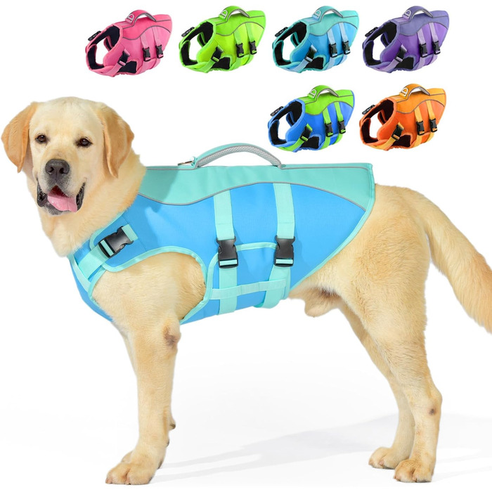 Жилет для плавання собак великий, рятувальний жилет для собак, для плавання та катання на човні, світловідбиваючий жилет для цуценят з високою плавучістю та ручкою для порятунку, регульований, великий розмір (обхват грудей: 19.7-29.5'') (середній (обхват 