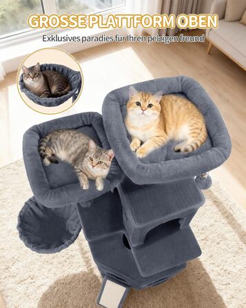 Кігтеточка для котів Hzuaneri, 174 см, XL, 2 платформи, 2 печери, 4 стовпчики, дошка для заточування кігтів, мотузка з сизалю, плюшеві кульки, для багатокотових сімей, MS17418LG (Темно-сірий)