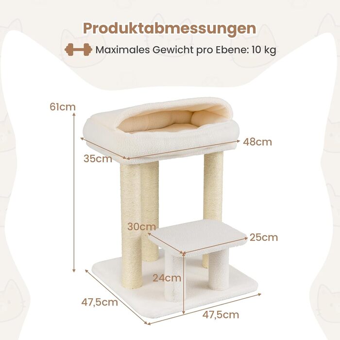 Дерев'яний кігтеточка для котів COSTWAY Klein, 61 см, білий. З м'якою лежанкою, великою основою та сизалевими стовпчиками. Кліматичний комплекс для котів, ігровий центр.