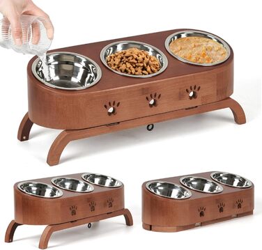 Набір мисок для котів JAZUIHA (3 шт.) з підняттям, ергономічні, 15° нахил, регульована висота, дерев'яний підставник, нержавіюча сталь Ø12 см, темно-коричневий