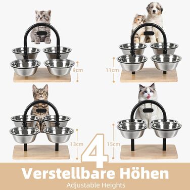 Підвищений годівниця для котів JUJOYBD з 4 нержавіючими мисками, регульована висота, станція годування, миски для їжі та води для котів та маленьких собак