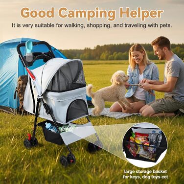 Складаний візок для тварин та дітей з обертовими колесами на 360°, кошиком для зберігання, міцним металевим каркасом та дихаючими сітчастими віконцями – портативний переносник для котів та собак до 22 кг (Сірий)