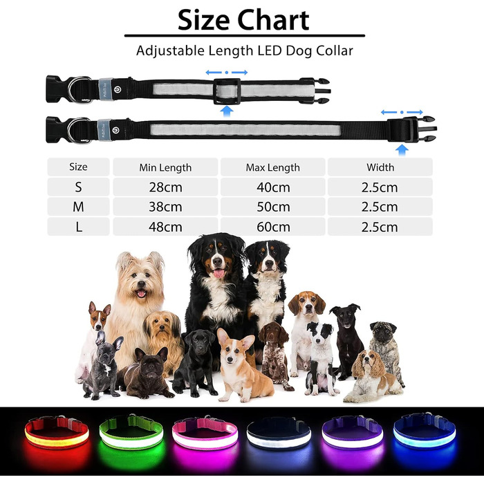 LED нашийник для собак з підсвічуванням, вологостійкий, 7 кольорів, регульований, чорний, 8 режимів, розмір M (38-50 см)