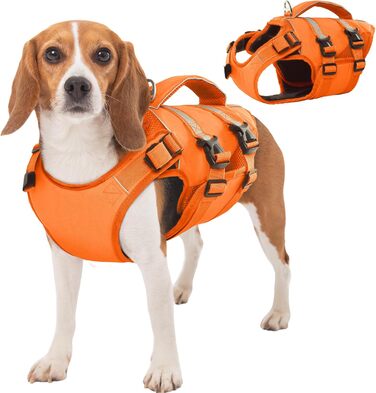 Жилет рятувальний для собак Kuoser, великий, оранжевий (L) з ручкою та світловідбиваючими елементами