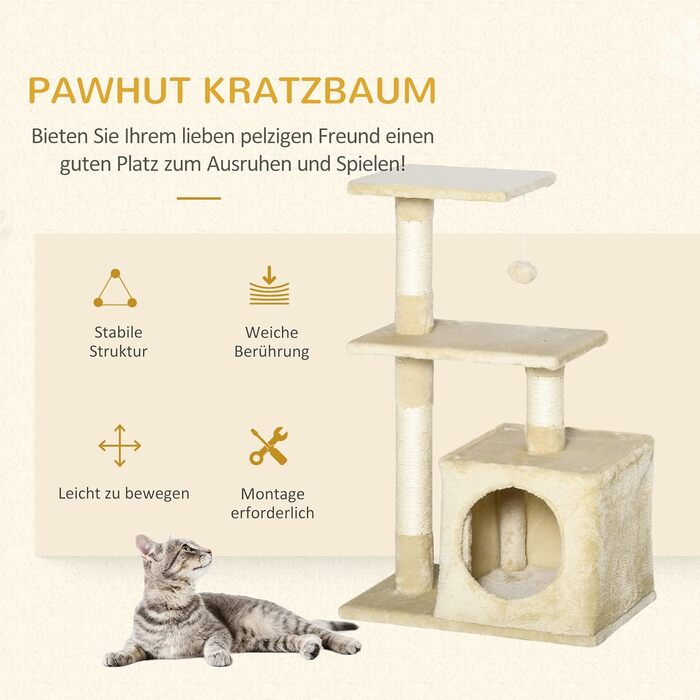 Дряпальня для котів PawHut з сизалю, котячий комплекс, кігтеточка, іграшка для котів, стабільна, з м'яким плюшем, E1-клас ДСП, бежевий, 50 x 30 x 81,5 см