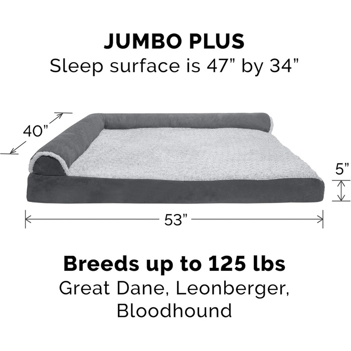 Ліжко для собак Furhaven XXL з ортопедичним матрацом Memory Foam, двоколірний штучний хутро та замша, Г-подібний диван, знімний і праний чохол, сірий, розмір Jumbo Plus (XXL)
