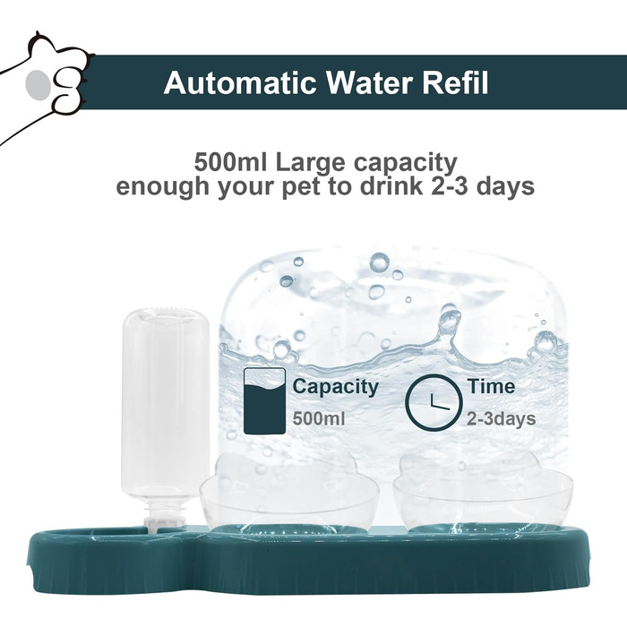 Набір мисок для котів та собак з диспенсером води, киликом та лопаткою, нахил 15°, миски для сухого та вологого корму, темно-синій