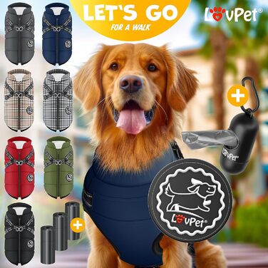 LOVPET® Зимова куртка для собак 4XL, водонепроникна, утеплена, з вбудованим шлейкою, рефлекторами та D-кільцем, темно-синя, у комплекті 45 пакетів для прибирання та диспенсер