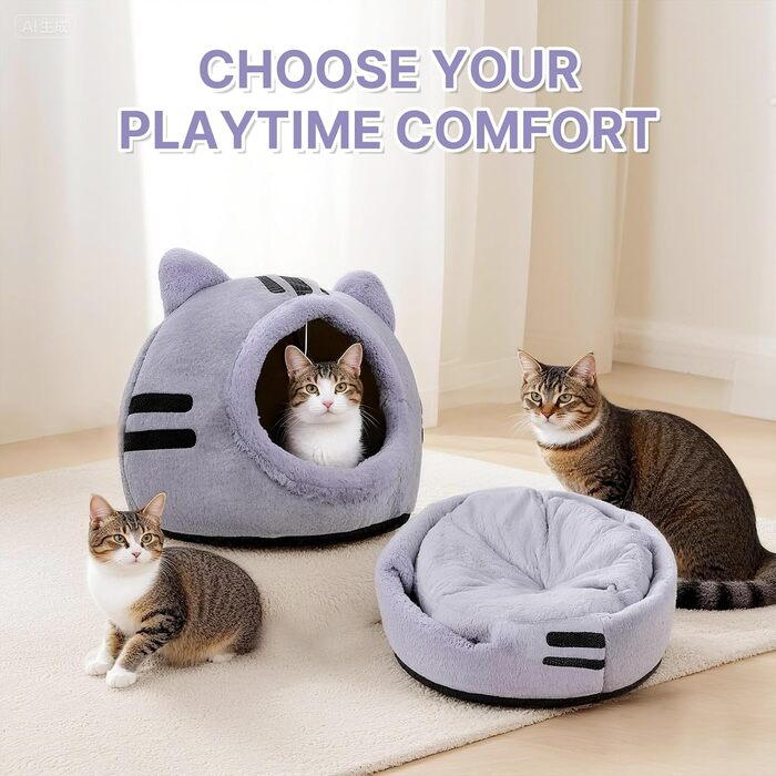 Кішка ліжко для котів, форма кота 40x40x32 см, велика кішка-печера, темно-сірий колір, складне ліжко для котів з пральними подушками, кішка-будиночок для кошенят, маленьких, середніх домашніх тварин, сірий колір