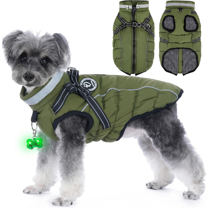 Зимовий одяг для собак: теплий, водонепроникний зимовий одяг з дзвоником, світловідбиваючі смуги, LED-ошийник, для маленьких та середніх собак (зелений, XL)