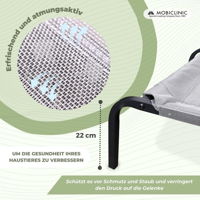 Mobiclinic® Cleo: Підвищене собаче ліжко, сіре, 122x71x21 см. Ізольоване, для внутрішнього та зовнішнього використання, міцне, легко миється, без інструментів, до 60 кг