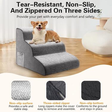 Сходинка для собак та котів на 3 сходинки, 40 см, з неслизьким покриттям. Зручна рампочка для собак та котів похилого віку, маленьких порід. Виготовлена з 30D піни, знімна та миється. Підходить для софи, ліжка, авто.