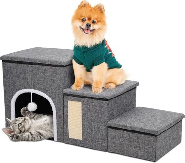 Складні сходи для собак і котів XL, 3 ступені, 90×35×43 см, ширші сходинки, для ліжка та дивана, з відсіком для зберігання, для великих та літніх тварин