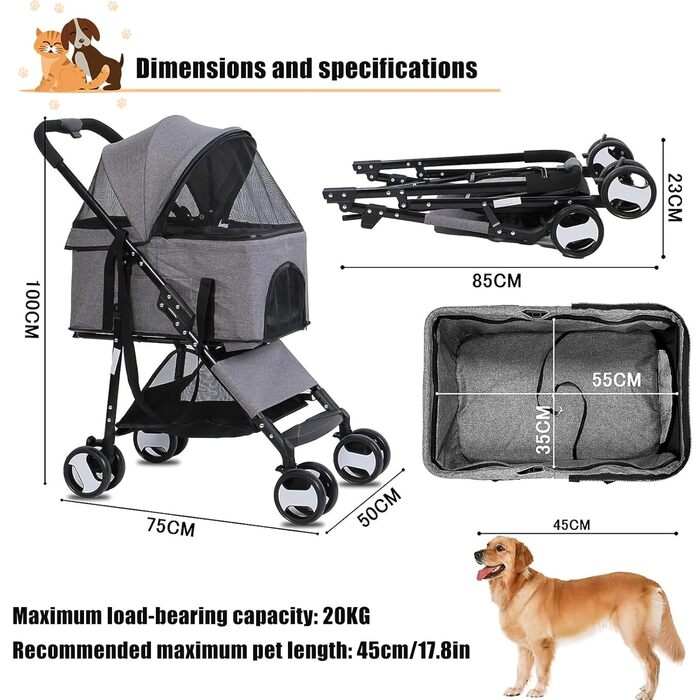 Візок для собак та котів, сірий, до 20 кг, з поворотним колесом та гальмом