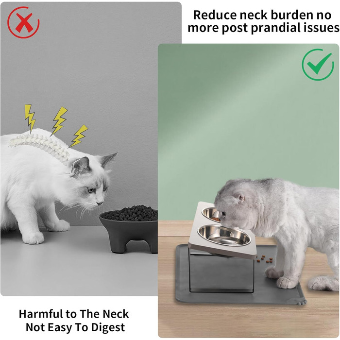 Підвищений годівниця для котів з килимком, нахилений під кутом 15°, годівниця проти блювоти для корму та води, 2 шт. з нержавіючої сталі для котів та цуценят (сірий), 2 миски сірого кольору