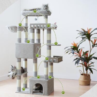 Котячий будиночок Kratzbaum: великий, з гамаком, 2 печери, 15 стовпчиків для дряпання (174см, світло-сірий)