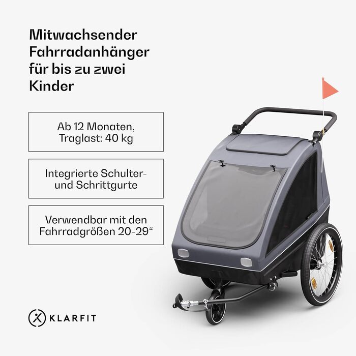 Klarfit GoKiddo: Дитячий велопричіп для 2 дітей - 2-в-1 (велопричіп та візок) з гальмами, ременями безпеки, регульованими сидіннями, 40 кг вантажопідйомністю, захистом від дощу та UV-променями, складаний, темно-сірий