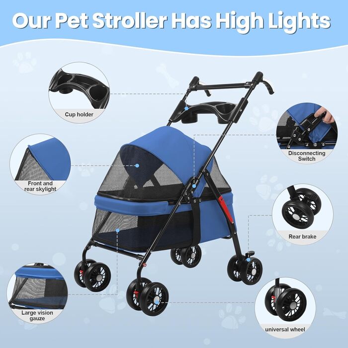 Легкий та складаний переносний візок для собак, блакитний. З сонцезахистом, гальмами та місцем для зберігання (до 10 кг)