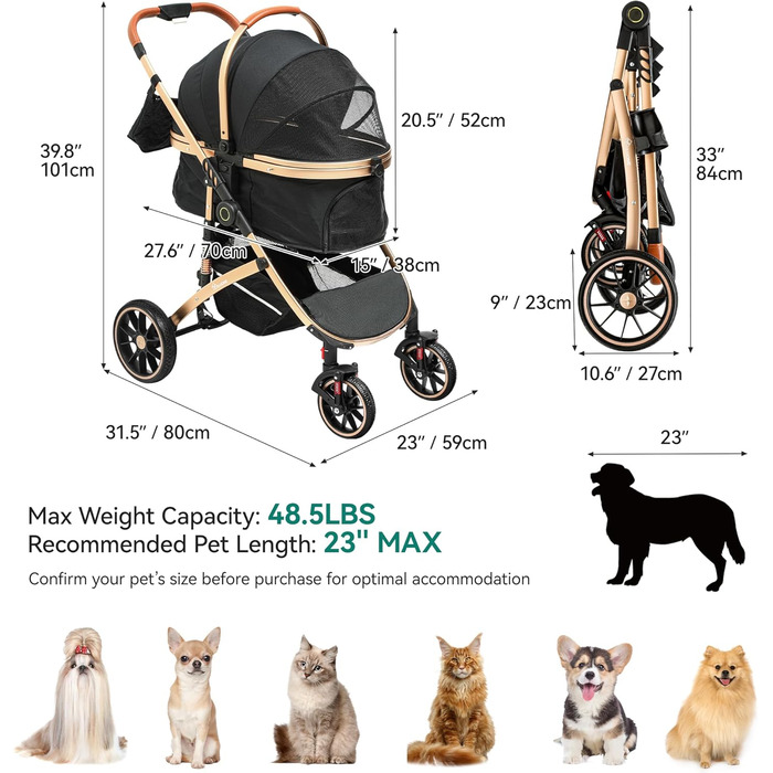Візок для собак YITAHOME 3 в 1: візок, переноска, прогулянковий візок. До 22 кг, складний, для маленьких собак та котів (чорний)