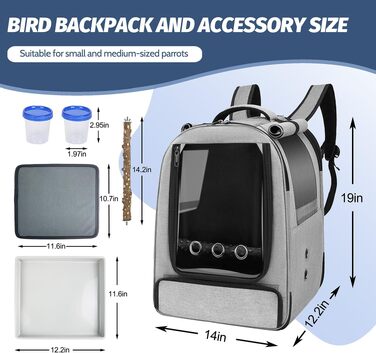 Рюкзак-переноска для птахів Vogel-Rucksack з лотком, жердочкою та годівницею, водонепроникний килимок, сірий, для папуг та середніх птахів