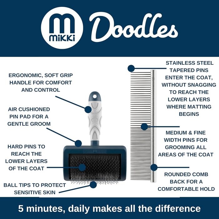 Набір для догляду за шерстю собак та цуценят Mikki: гребінець зі сталі та щітка Slicker з жорстким ворсом. Підходить для порід: пуделів, кокапу, лабрадуділів, кавапу, мальтипу та голден дуділів.