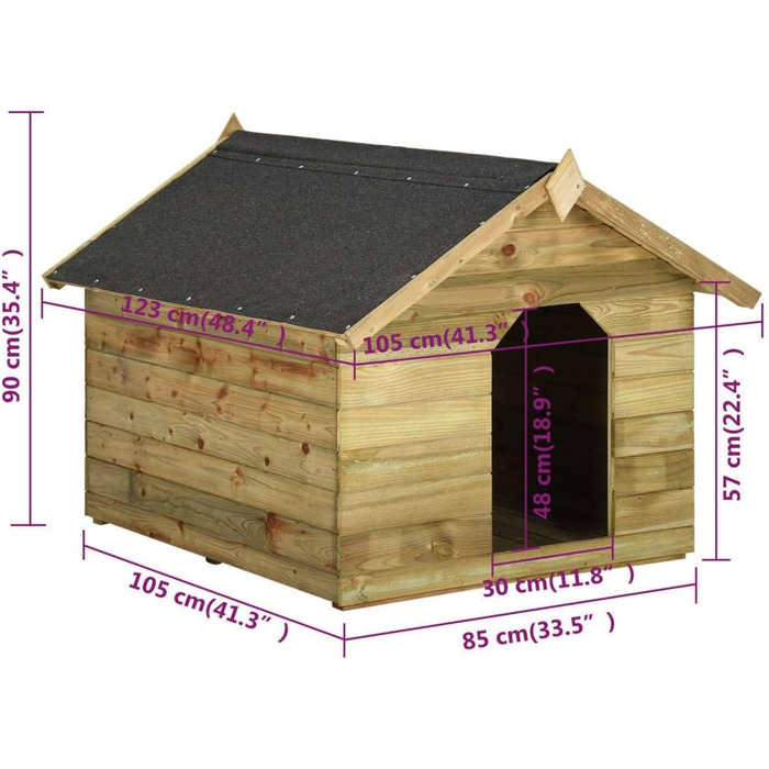 Будка для собаки vidaXL з просоченої сосни, дах, 105.5x123.5x85 см