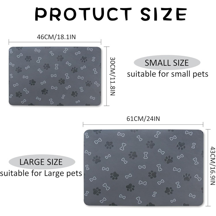 Килимок для годівлі собак та котів, неслизький, швидковисихаючий, поглинаючий, 46 x 30 см, Чорний