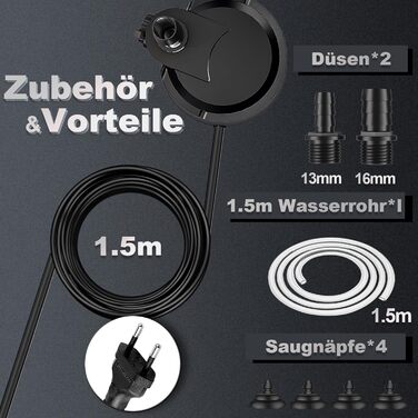 Помпа для акваріума 15W занурювальна, міні-помпа для ставка/фонтану з регулятором, 1.5м кабель, 2 насадки (1500 л/год)