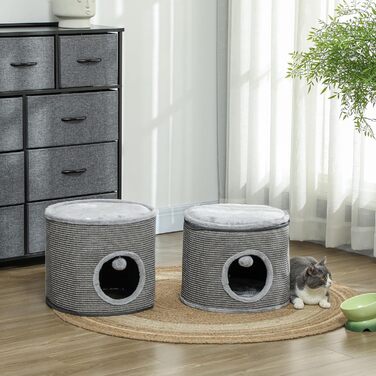 Кігтеточка Pawhut для котів, модульна, з блискавкою, розбірна, 3 яруси, 2 м'ячики, хованка, висота 69 см, сіра