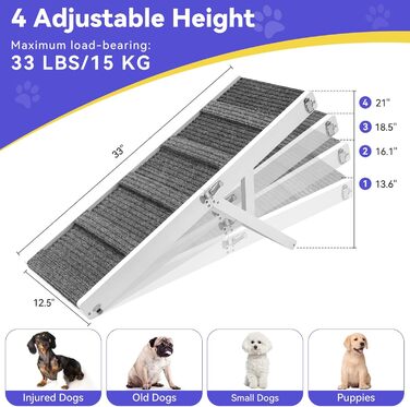 Рампа для собак Pawaboo, дерев'яна сходинка для домашніх тварин, 4 регульовані висоти (13,6'-21'), для маленьких собак та котів, з антиковзним покриттям, (80x30 см, білий)