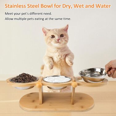 Підвищений годівниця для котів Katzennapf з 3 мисками з нержавіючої сталі, регульована висота, дерев'яний підставник, ергономічна станція для годування, миска для води для котів та маленьких собак