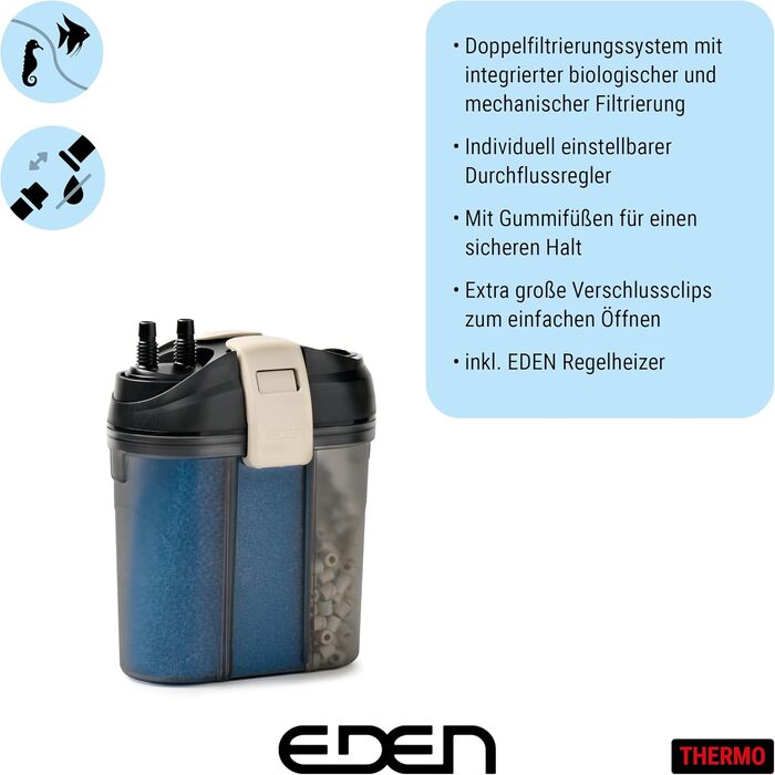 Зовнішній фільтр Eden 94087 FET 100 для акваріумів до 100 л з RCA нагрівачем, подвійною фільтрацією, тихий, компактний