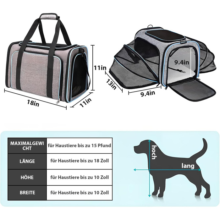 Транспортна переноска для котів та собак, розкладна, з м'якою підстилкою, розширювана (для 2 котів/собак/щенят)