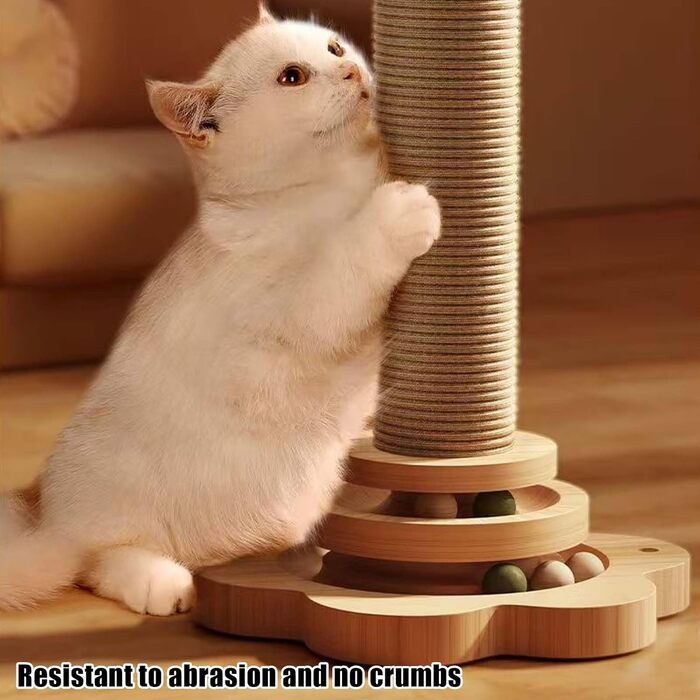 GOMETY Іграшка для котів 4-в-1 з дерева: ролики, обертовий диск, дряпка з сизалю, м'ячики з котячою м'ятою, 40 см