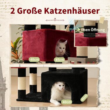 Котячий будиночок Kratzbaum: великий, з гамаком, 2 печери, 15 стовпчиків для дряпання (174см, чорний та червоний)