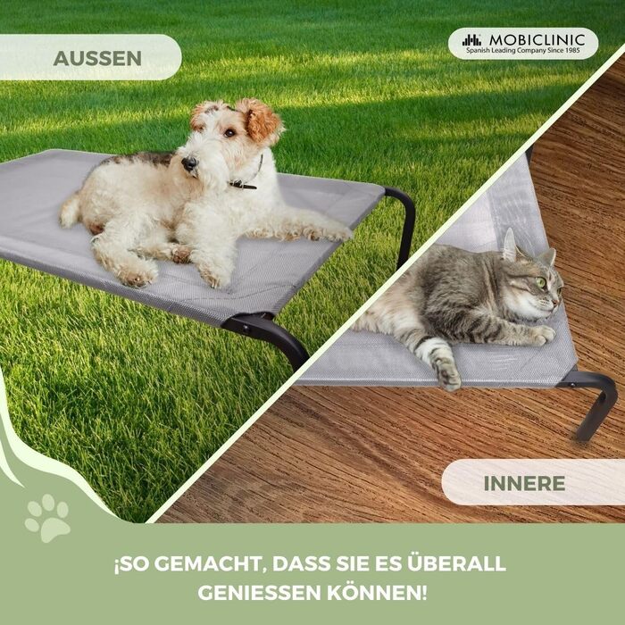 Mobiclinic® Cleo: Підвищене собаче ліжко, сіре, 122x71x21 см. Ізольоване, для внутрішнього та зовнішнього використання, міцне, легко миється, без інструментів, до 60 кг