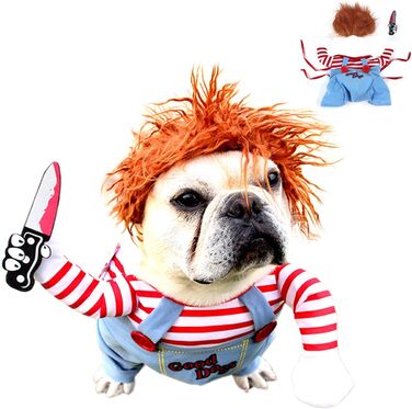 Костюм на Хелловін для собак - Чакі, костюм для собак, лялька-вбивця, веселий одяг для собак, регульований, косплей, костюм для маленьких, середніх собак, великий, синій