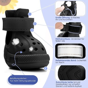 Чоботи для собак Eyein: захист лап влітку, дихаючі, антиковзкі, з регульованими світловідбиваючими смугами, для маленьких, середніх та великих собак, легко одягаються та знімаються (Чорний, Розмір 6), ширина 5.5 см