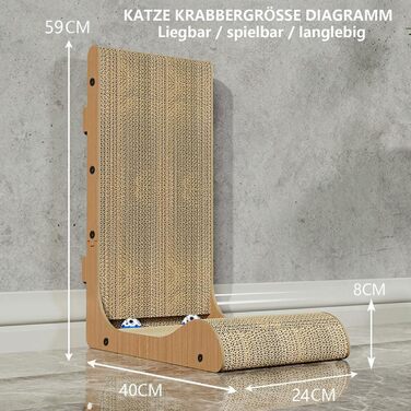 Кігтеточка для котів L-подібної форми, настінний монтаж, 60 см, вертикальна/горизонтальна, з іграшкою-кулькою, економія місця, довговічна конструкція для дому