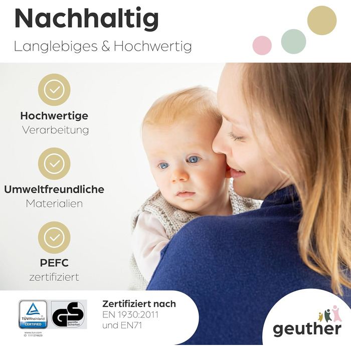 Захист для сходів Geuther Oris | Дверний захист для сходів з кріпленням, ширина 67-95 см | Стабільний захист з розпашною дверцятами | Дерев'яне дитяче гiтер, натуральний лак 67-95 см