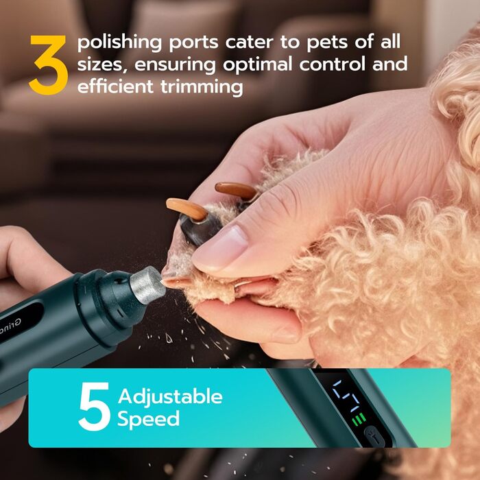 Електричний точило для кігтів домашніх тварин Mcbazel для котів та собак, тихий точило для собак з LED-підсвіткою, регульований з 5 швидкостями, точило для кігтів, алмазна шліфувальна диска