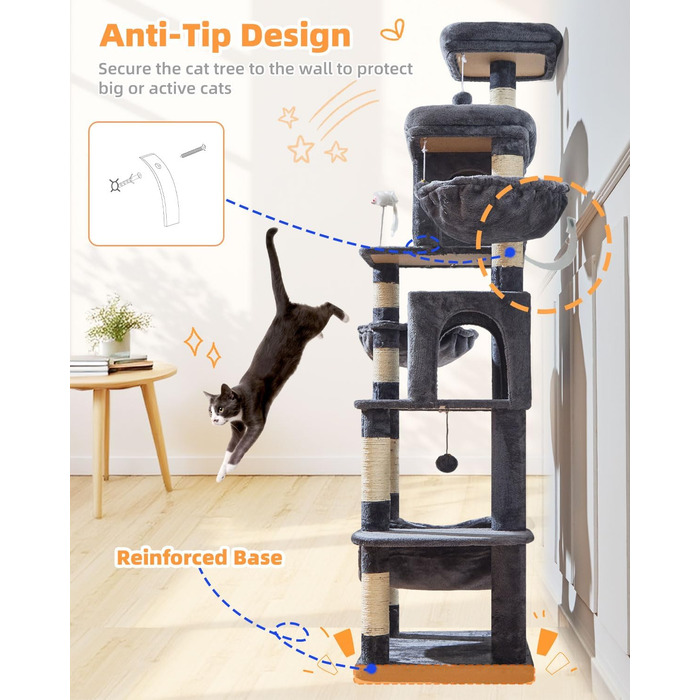 Котячий комплекс Taoqimiao MS044W сірий: 190 см, багатоярусний, з 2 будиночками, гамаками та 8 стовпчиками для дряпання