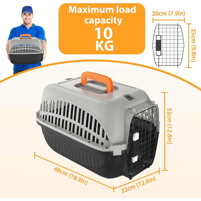 Транспортна переноска для собак та котів Aufun, 48x32x32 см, пластик з металевим ґратом, сіра+чорна