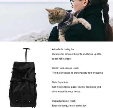 Транспортна переноска для собак, складана, велика, з колесами та телескопічною ручкою. Підходить для котів та собак вагою до 17,5 кг (чорна)