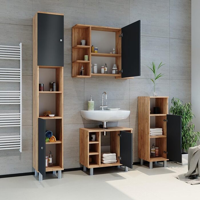 Пенал для ванної Vicco Fynn, антрацит/дуб, 30x95 см