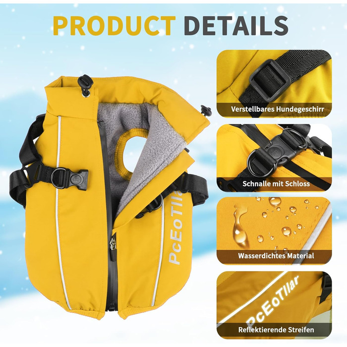 Теплий зимовий одяг для собак: жовтий пуловер/манта XL для маленьких собак, з відбиваючими елементами та дзвінком