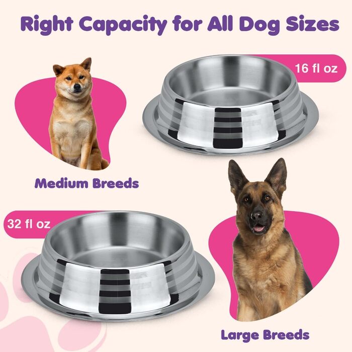 Набори мисок для собак та котів з нержавіючої сталі (2 шт) – миски для води з нековзним дном, 950 мл, діаметр 23 см