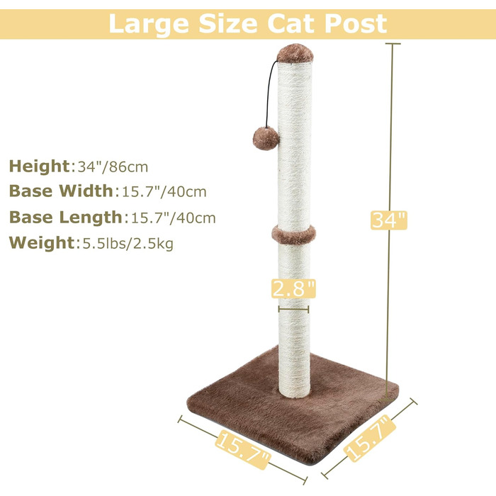 Котячий комплекс Дімака 86 см з сизалевим стовпом, когтеточка, заміна стовпа для когтеточки, когтешкребок з плюшем (темно-коричневий)