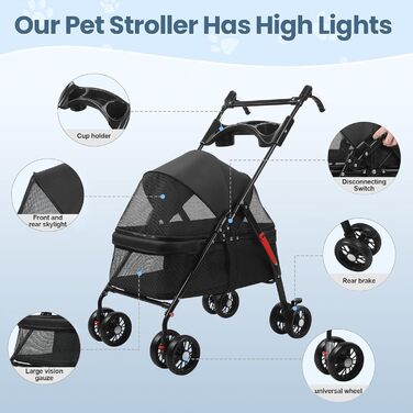 Складана візок для тварин до 10 кг з амортизаторами 360° та сонцезахистом - Легкий бугі для котів/маленьких собак (чорний)