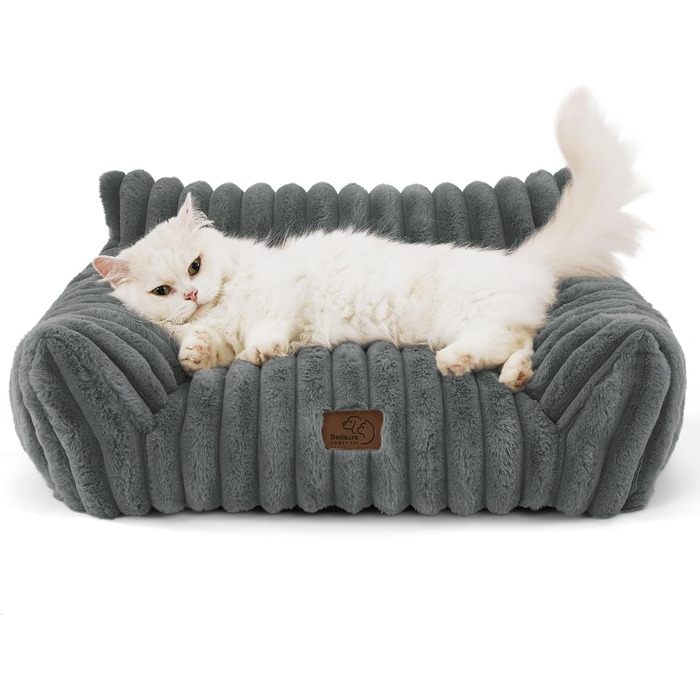 Ортопедичне ліжко для котів BEDSURE - велике, 61x46x25 см. Ліжко для собак, миючий кошик для котів, антиковзаюче, пухнасте, темно-сіре